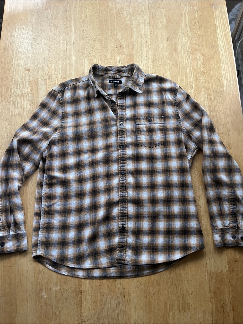 Express Men's Brown and Cream Plaid Button-Down Shirt
